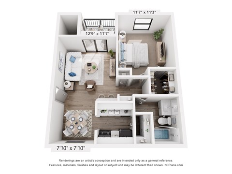 A 3D floor plan of a small apartment with a kitchen, living room, and bedroom.